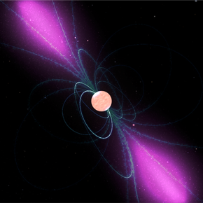 Vue d'artiste d'un pulsar avec son puissant champ magnétique en rotation autour de lui